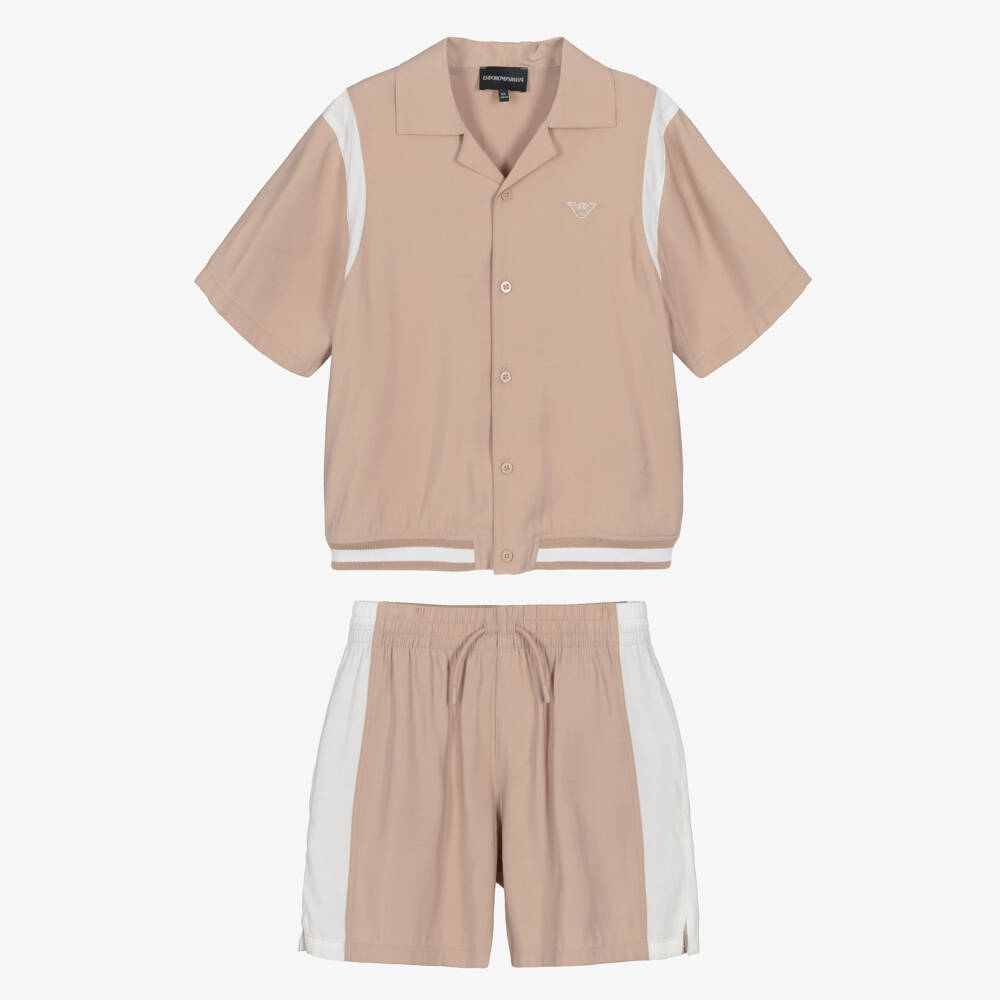 Emporio Armani-Boys Beige Shirt & Shorts Set with Logo Embroidery | Childrensalon