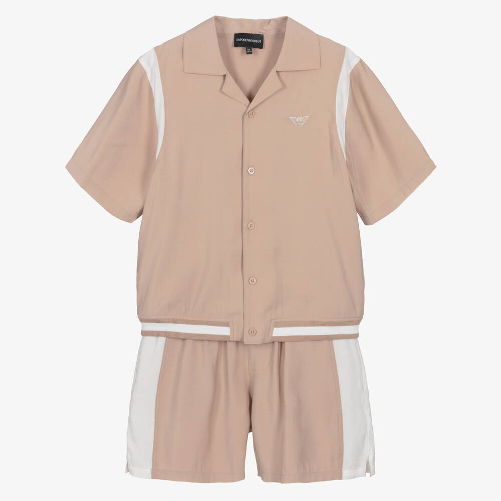 Emporio Armani-Boys Beige Shirt & Shorts Set with Logo Embroidery | Childrensalon