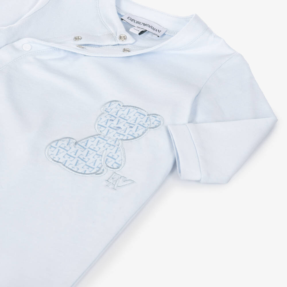 Emporio Armani-Boys Blue Cotton Bear Logo Babygrow | Childrensalon