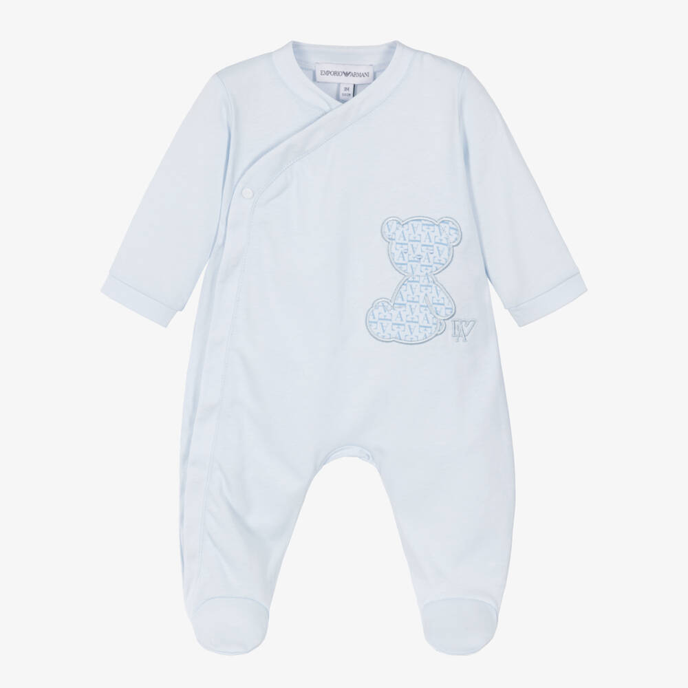Emporio Armani-Boys Blue Cotton Bear Logo Babygrow  | Childrensalon