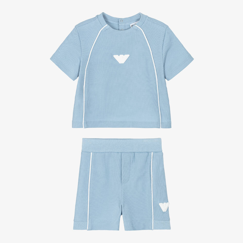 Emporio Armani-Boys Blue Cotton Piqué Shorts Set with White Eagle Logos | Childrensalon
