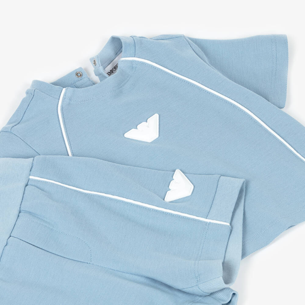 Emporio Armani-Boys Blue Cotton Piqué Shorts Set with White Eagle Logos | Childrensalon