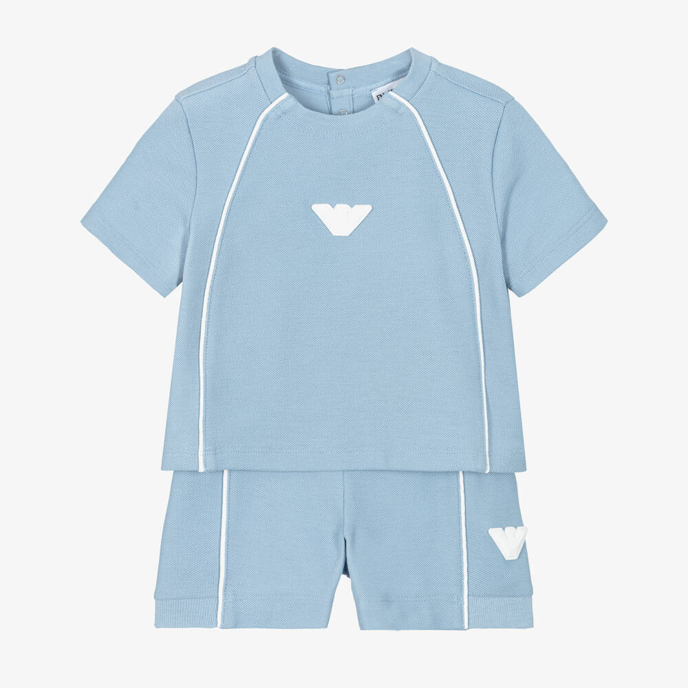 Emporio Armani-Boys Blue Cotton Piqué Shorts Set with White Eagle Logos | Childrensalon