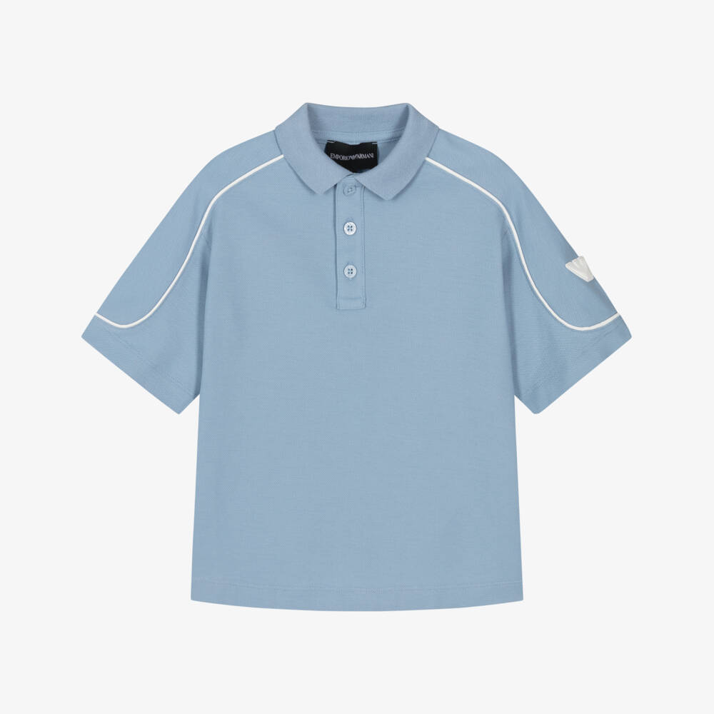Emporio Armani-Boys Blue Cotton Polo Shirt with White Eagle Logo | Childrensalon