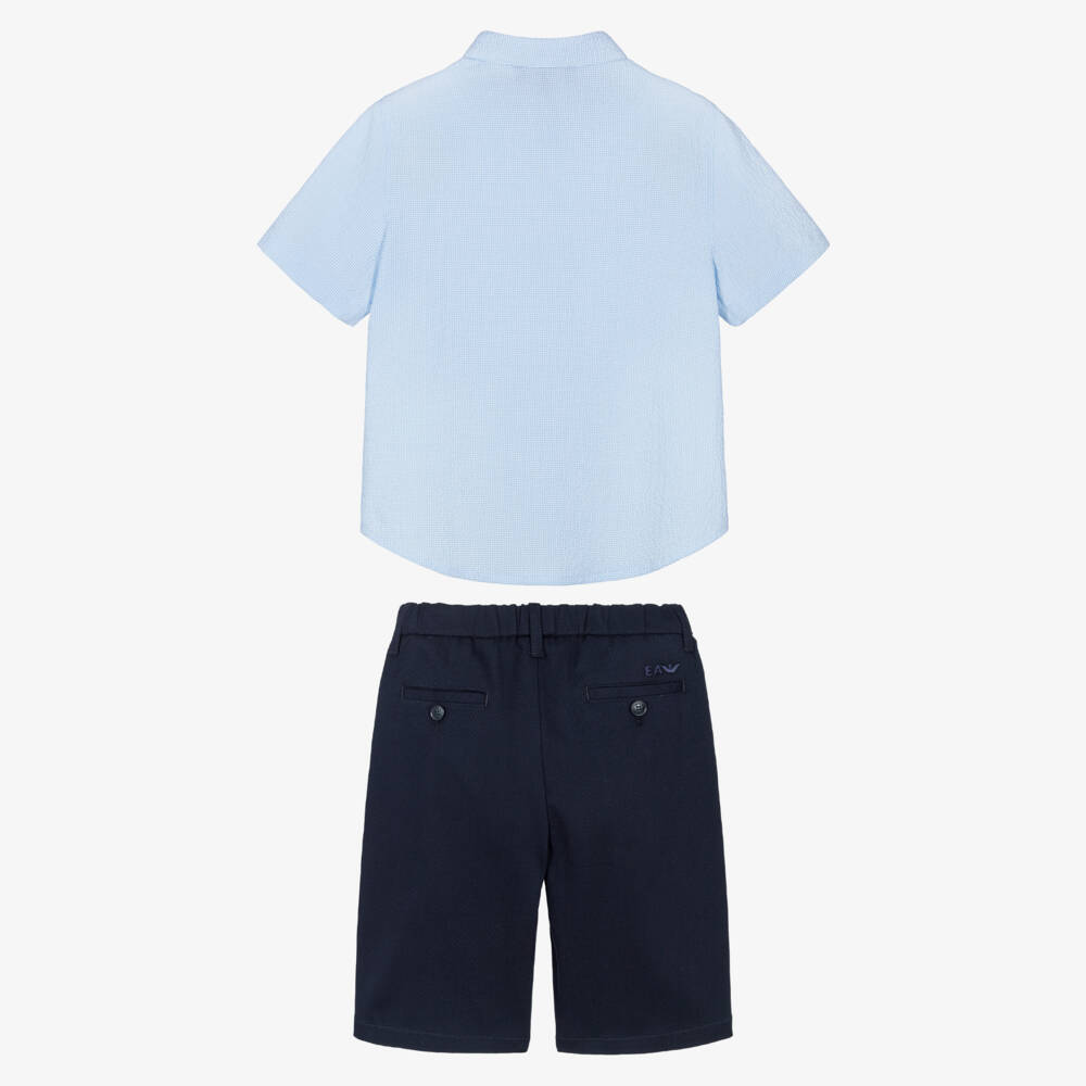 Emporio Armani-Boys Blue Cotton Shirt & Shorts Set with Eagle Logo | Childrensalon