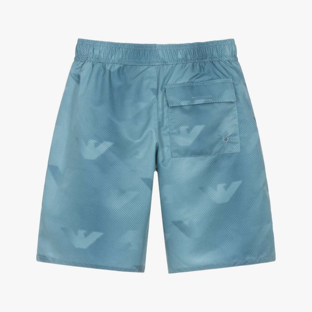 Emporio Armani-Boys Blue Geometric Logo Pattern Swim Shorts | Childrensalon