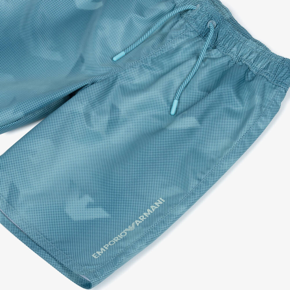 Emporio Armani-Boys Blue Geometric Logo Pattern Swim Shorts | Childrensalon