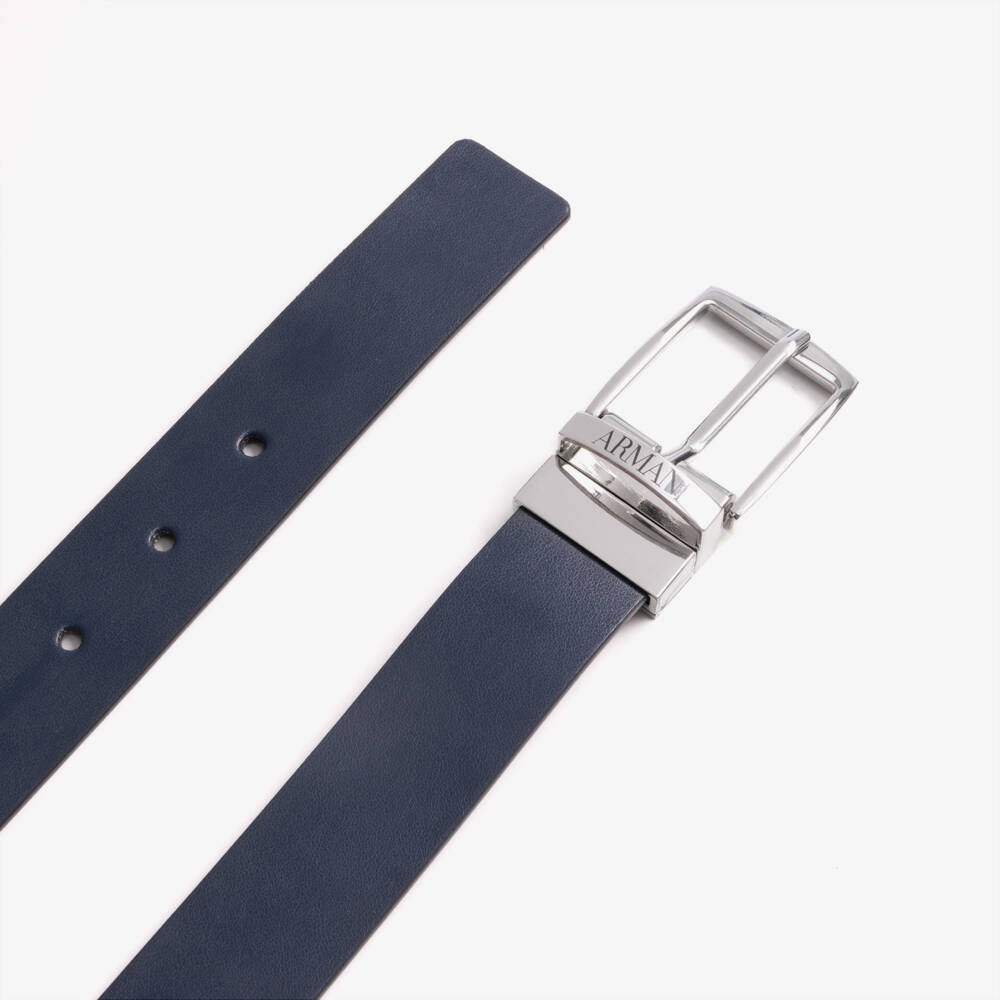 Emporio Armani-Boys Blue & Grey Reversible Faux Leather Belt | Childrensalon