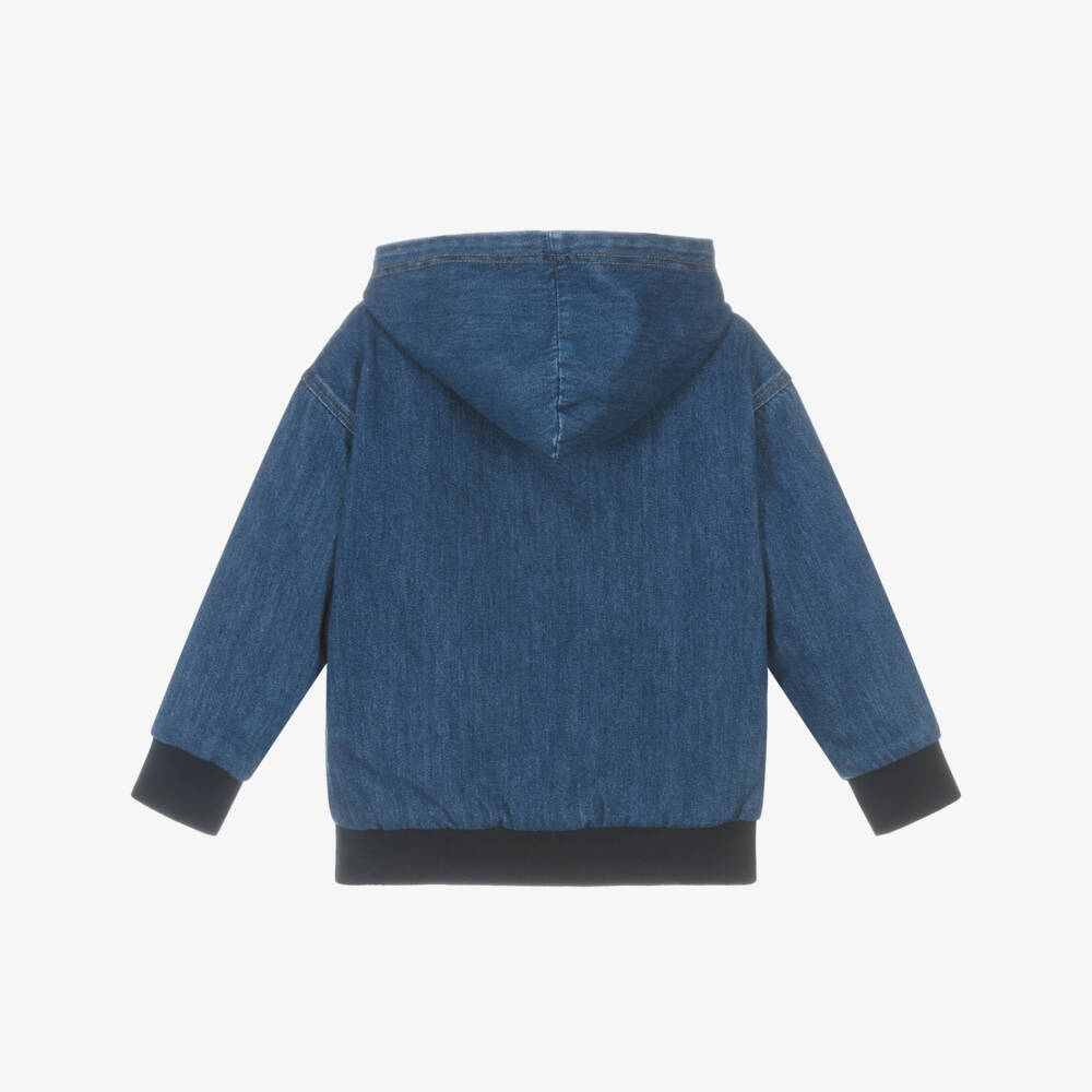Emporio Armani-Boys Blue Hooded Denim Jacket with Embroidered Logo | Childrensalon
