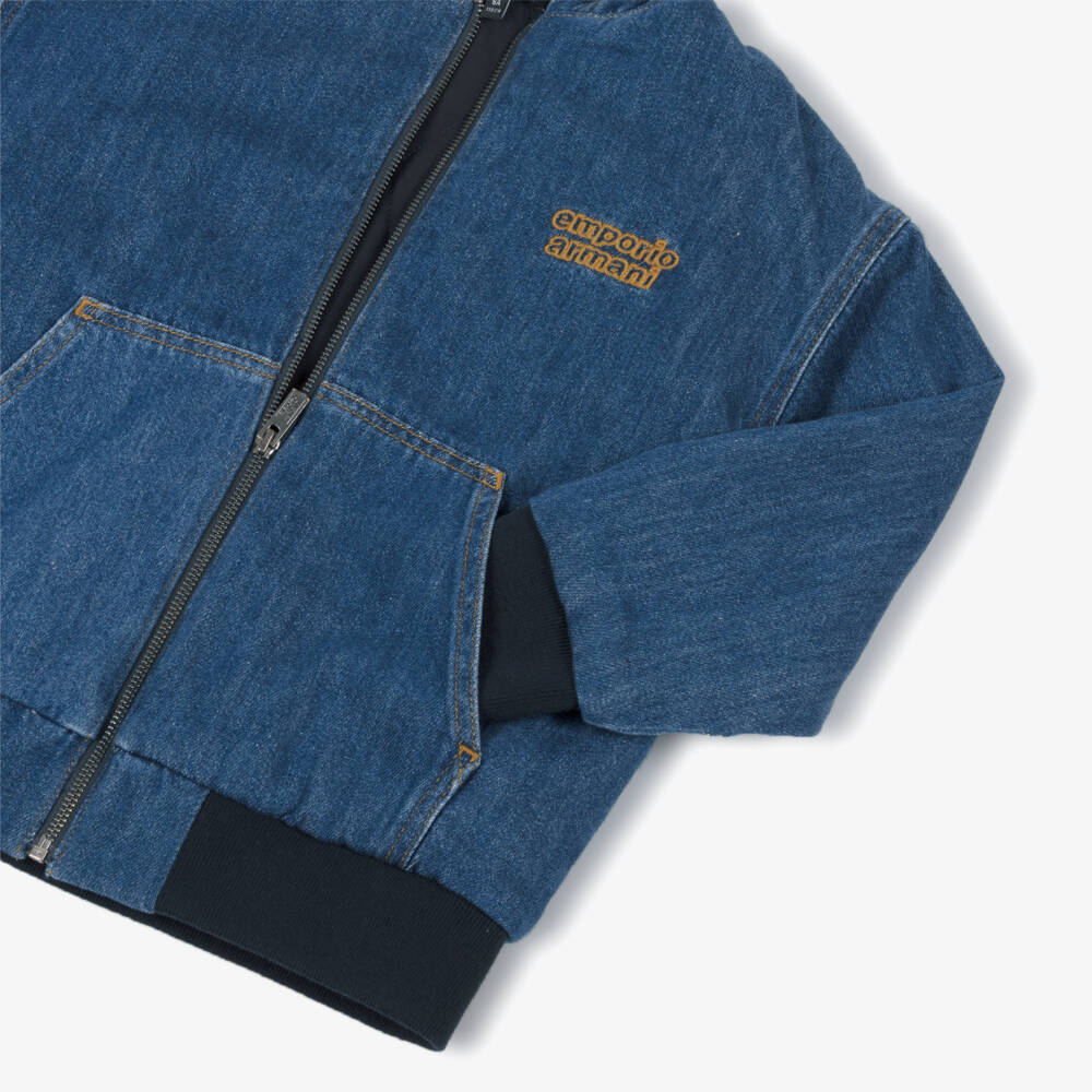 Emporio Armani-Boys Blue Hooded Denim Jacket with Embroidered Logo | Childrensalon