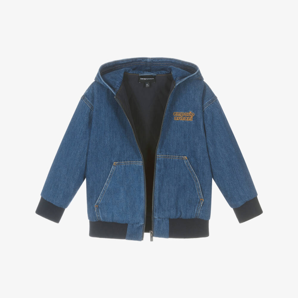 Emporio Armani-Boys Blue Hooded Denim Jacket with Embroidered Logo | Childrensalon
