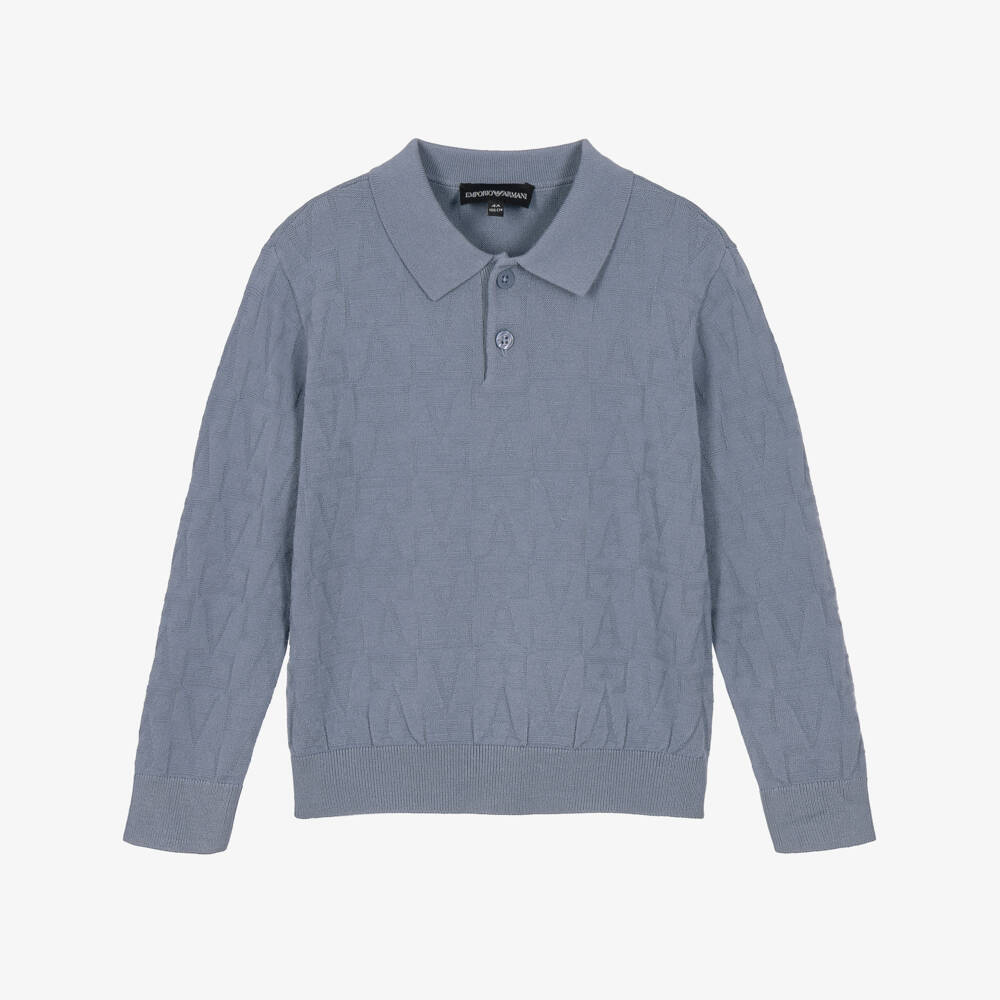 Emporio Armani-Boys Blue Jacquard Knit Polo Sweater | Childrensalon