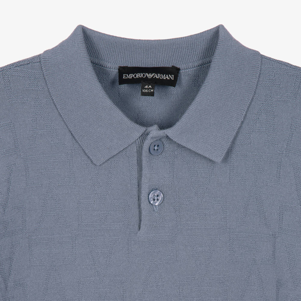 Emporio Armani-Boys Blue Jacquard Knit Polo Sweater | Childrensalon