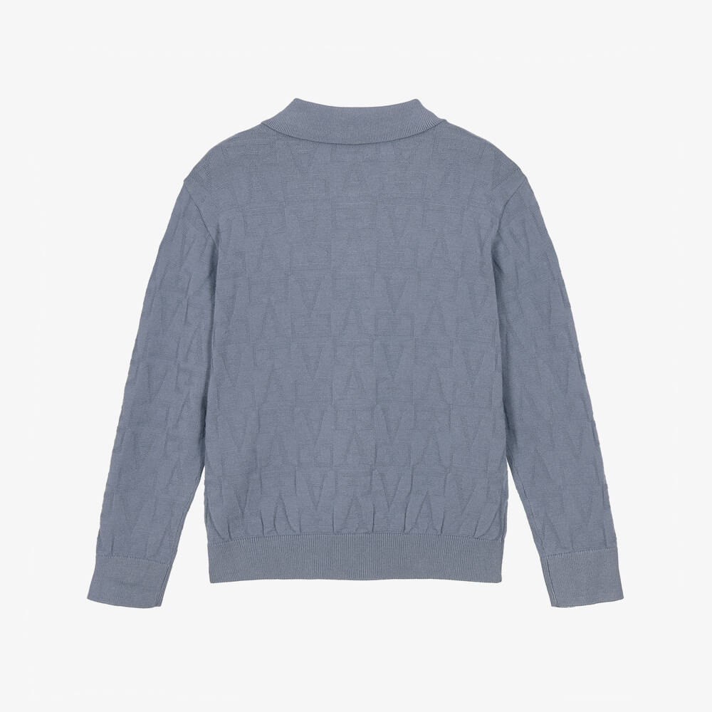 Emporio Armani-Boys Blue Jacquard Knit Polo Sweater | Childrensalon