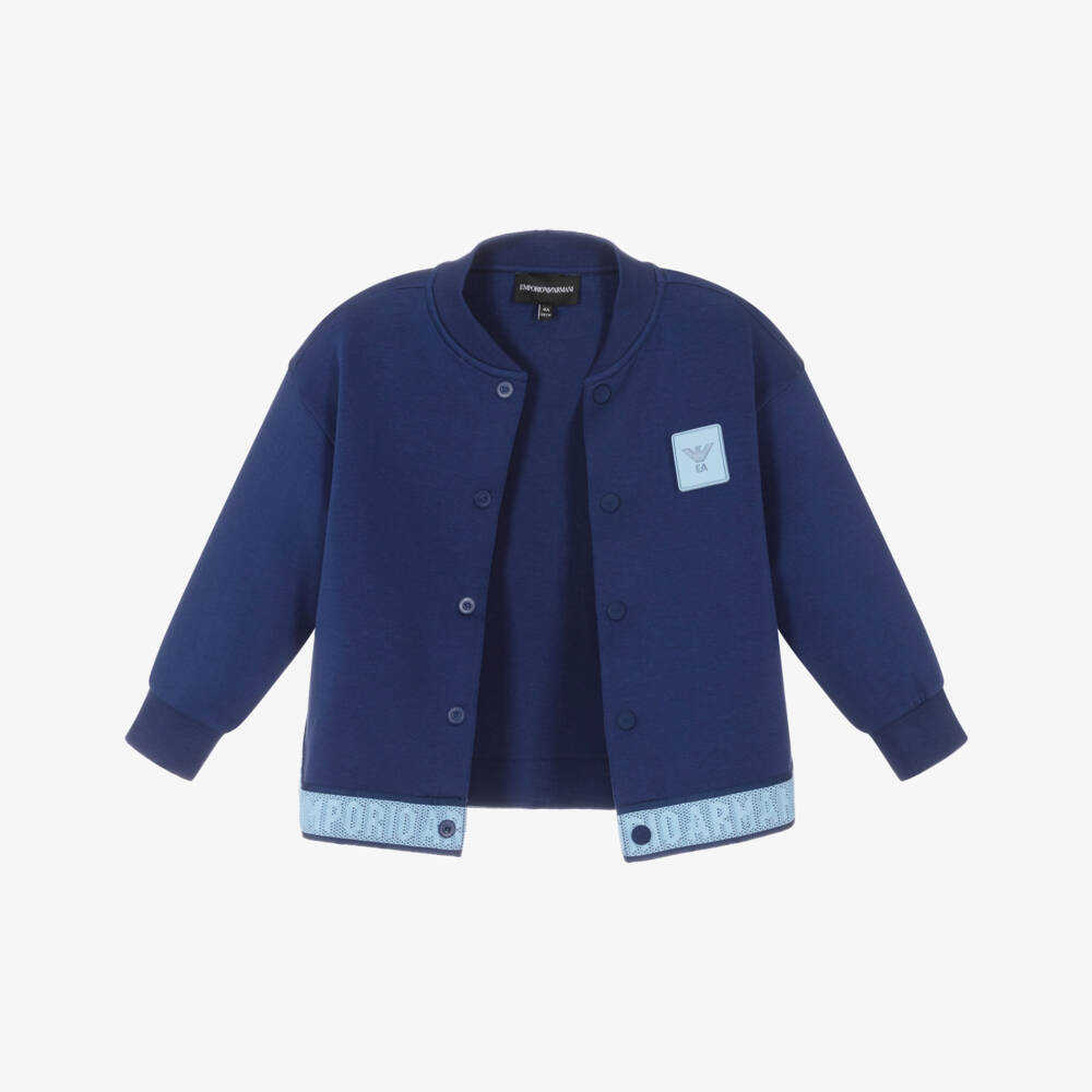 Emporio Armani-Boys Blue Jersey Jacket with Logo Trim | Childrensalon