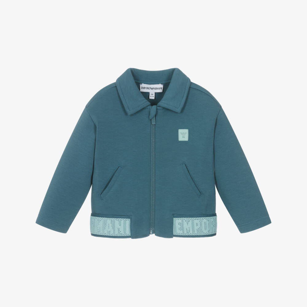 Emporio Armani-Boys Blue Jersey Zip-Up Top with Logo Trim | Childrensalon