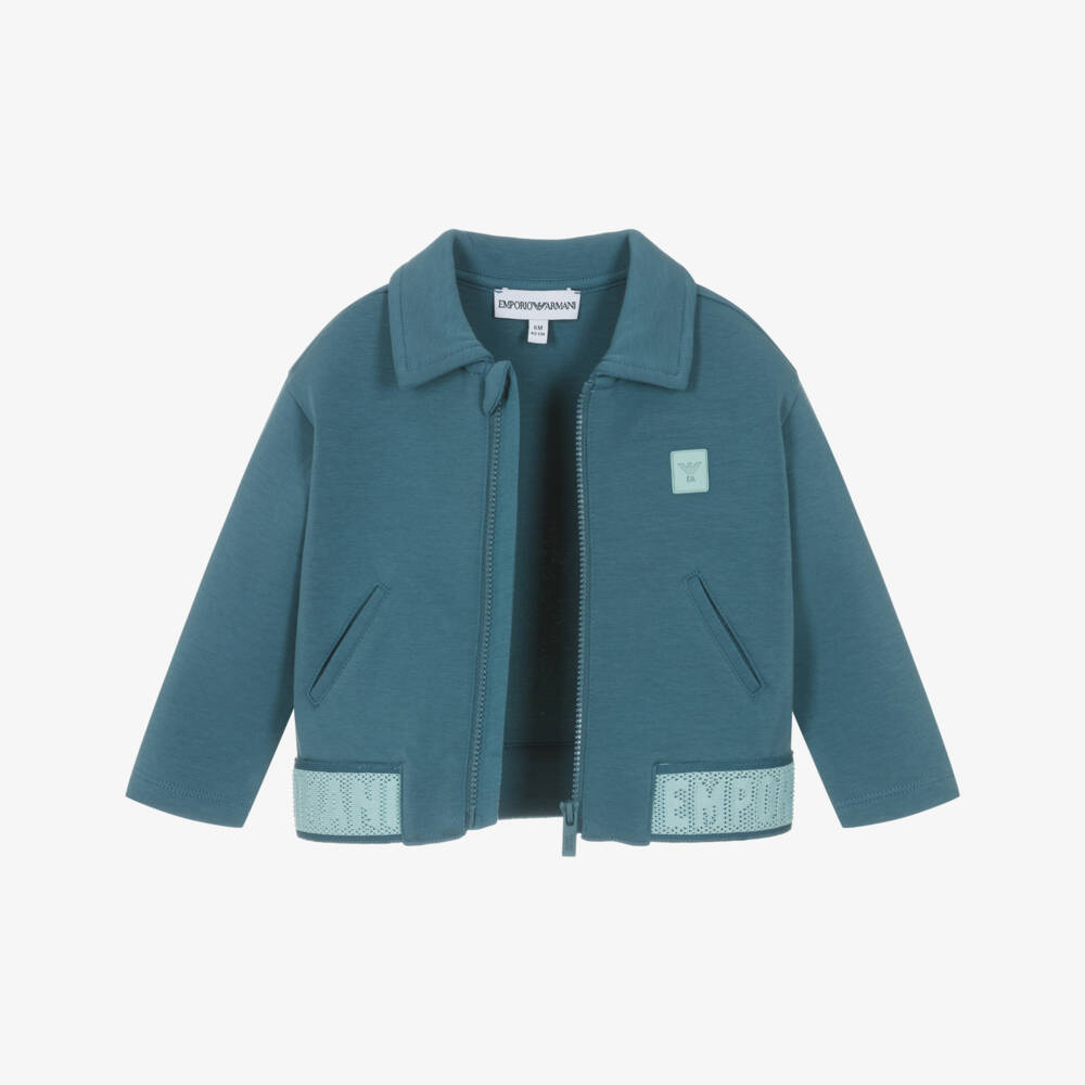 Emporio Armani-Boys Blue Jersey Zip-Up Top with Logo Trim | Childrensalon