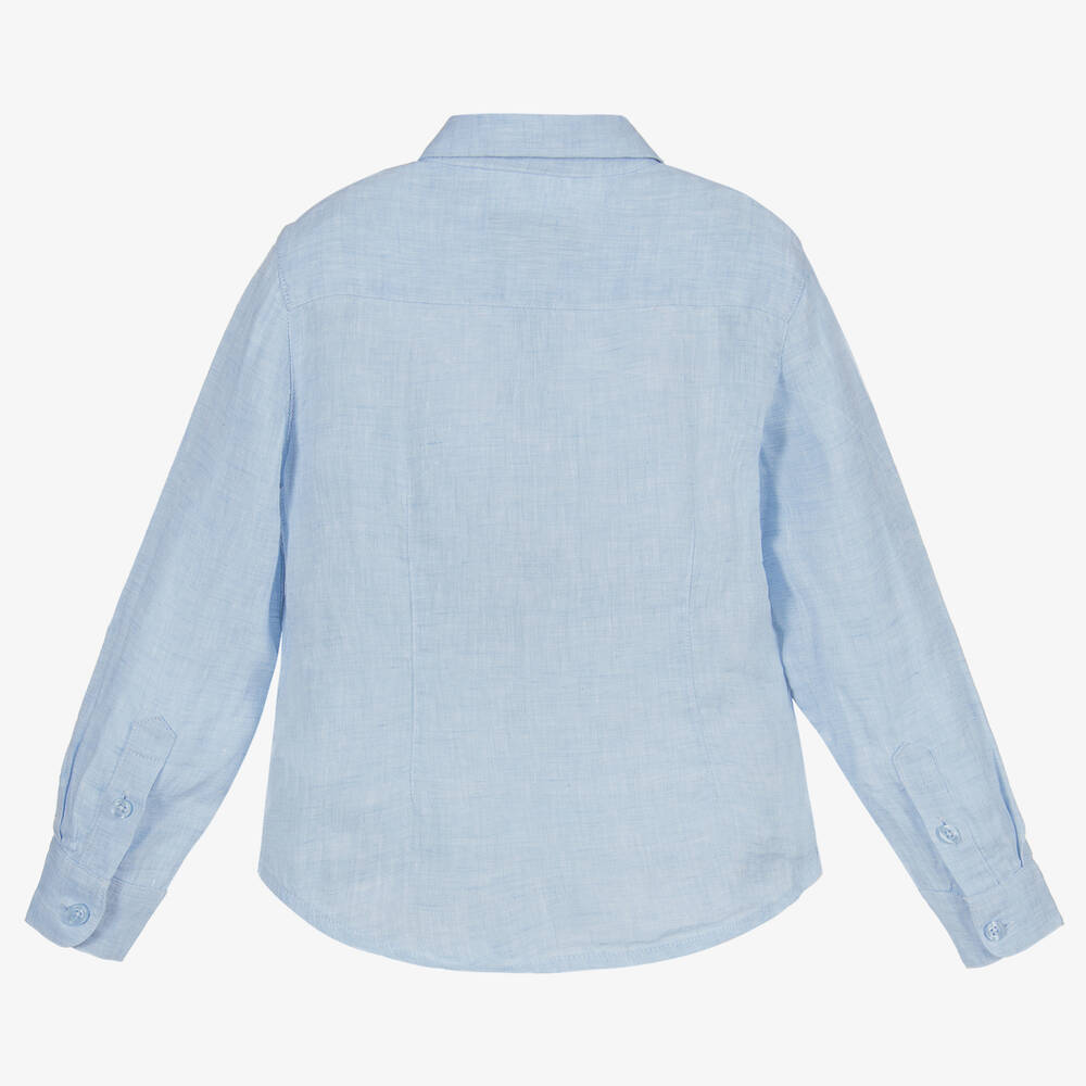 Emporio Armani-Boys Blue Linen Logo Shirt | Childrensalon