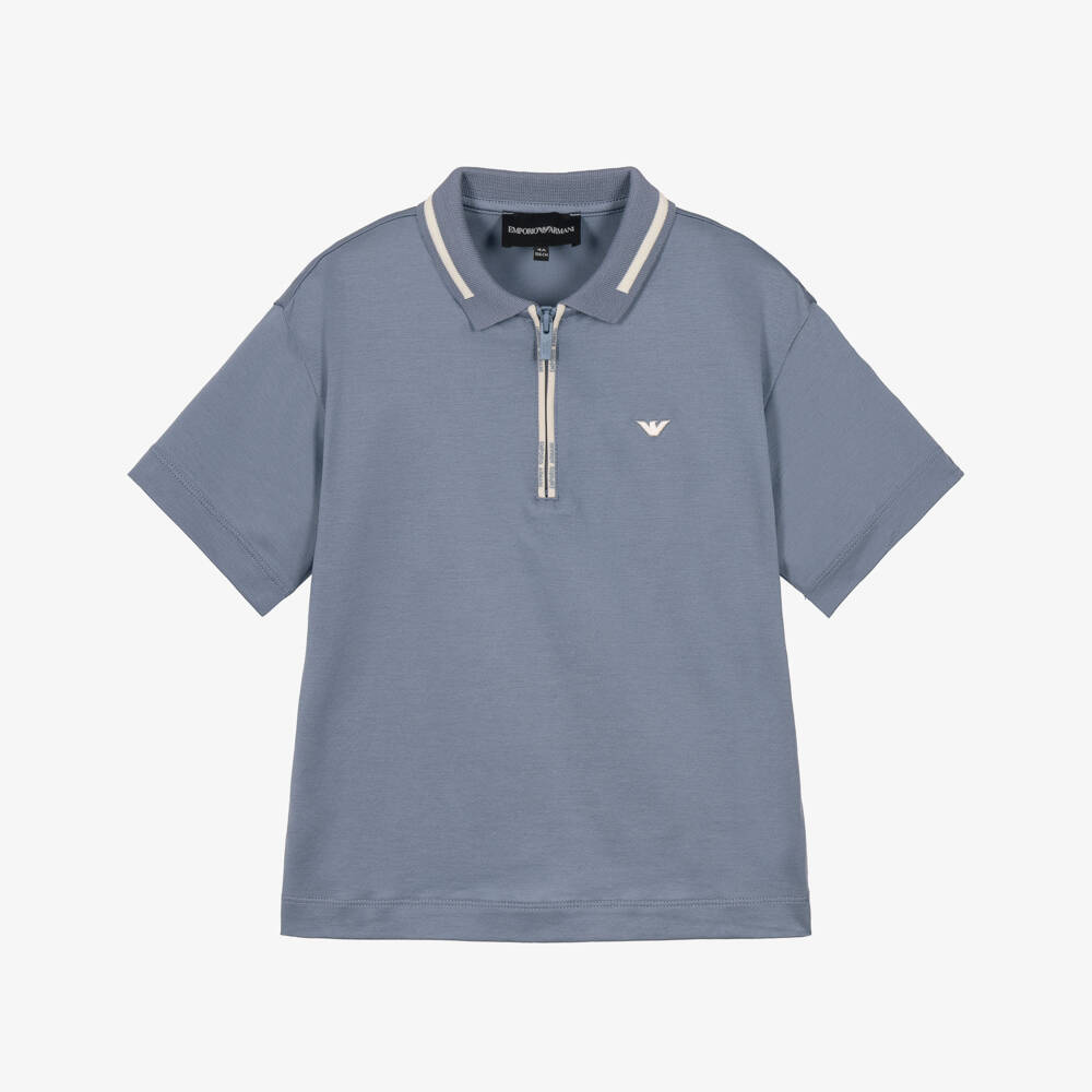 Emporio Armani-Boys Blue Lyocell Polo Shirt with Quarter Zip | Childrensalon