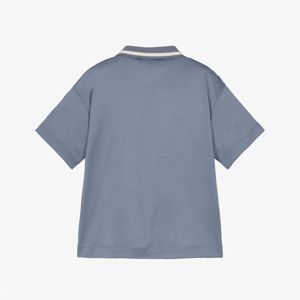 Emporio Armani-Boys Blue Lyocell Polo Shirt with Quarter Zip | Childrensalon