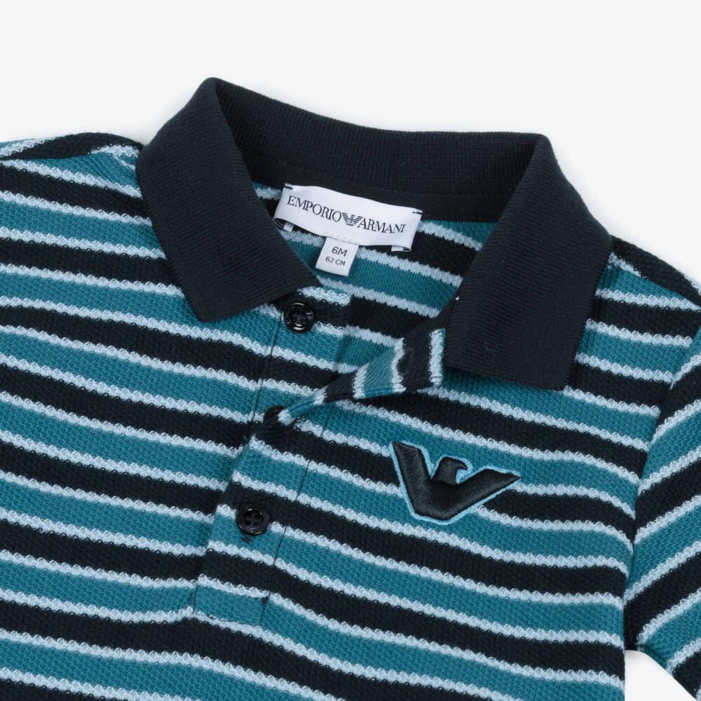 Emporio Armani-Boys Blue Striped Piqué Polo Shirt | Childrensalon