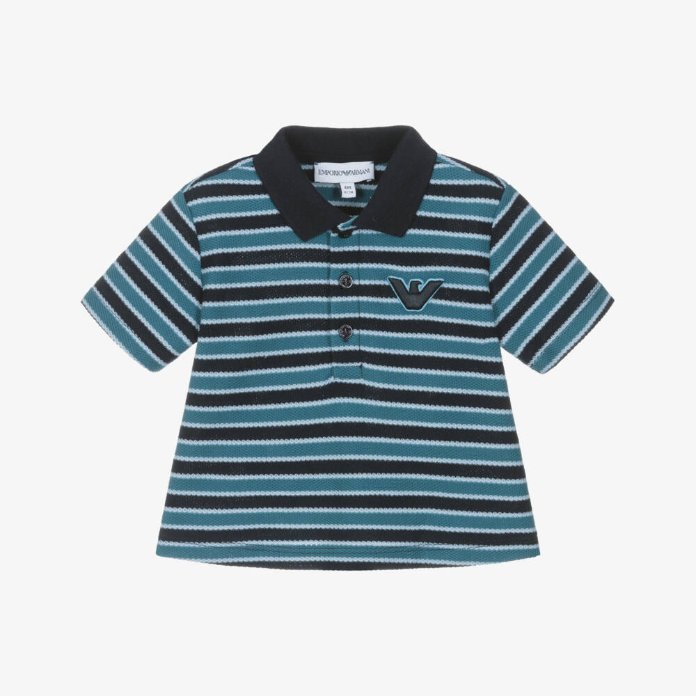 Emporio Armani-Boys Blue Striped Piqué Polo Shirt with Eagle Logo | Childrensalon