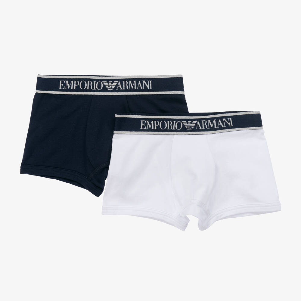 Emporio Armani-Boys Blue & White Cotton Boxers (2 Pack) | Childrensalon