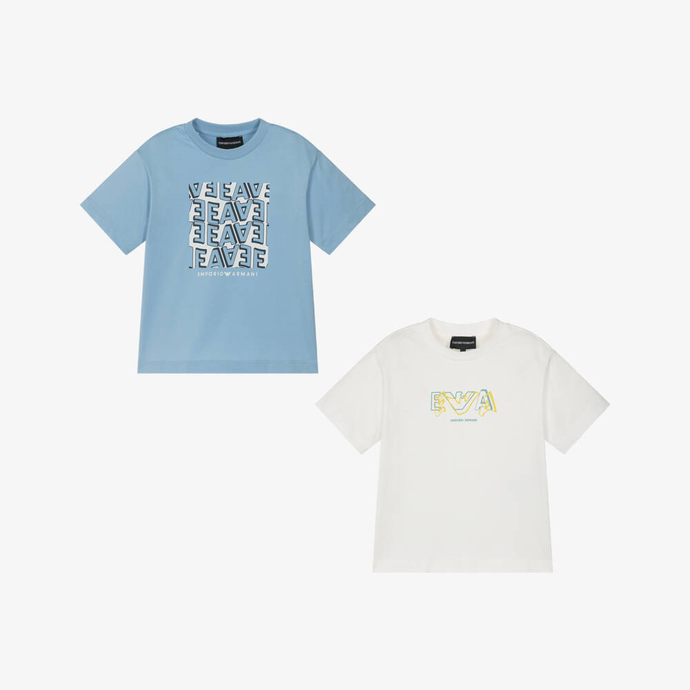 Emporio Armani-Boys Blue & White Cotton Logo Print T-Shirt (2 Pack) | Childrensalon