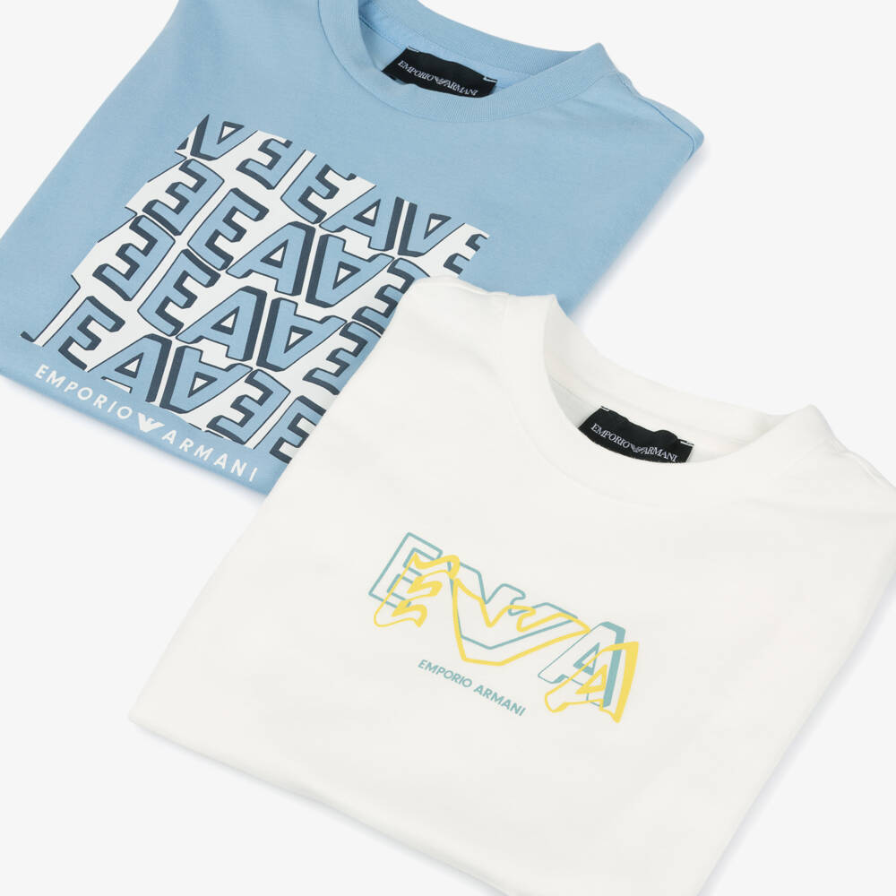 Emporio Armani-Boys Blue & White Cotton Logo Print T-Shirt (2 Pack) | Childrensalon