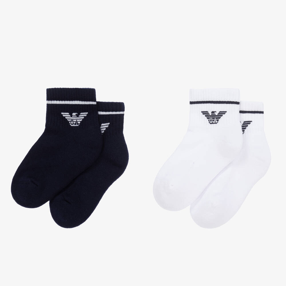 Emporio Armani-Boys Blue & White Cotton Socks (2 Pack) | Childrensalon