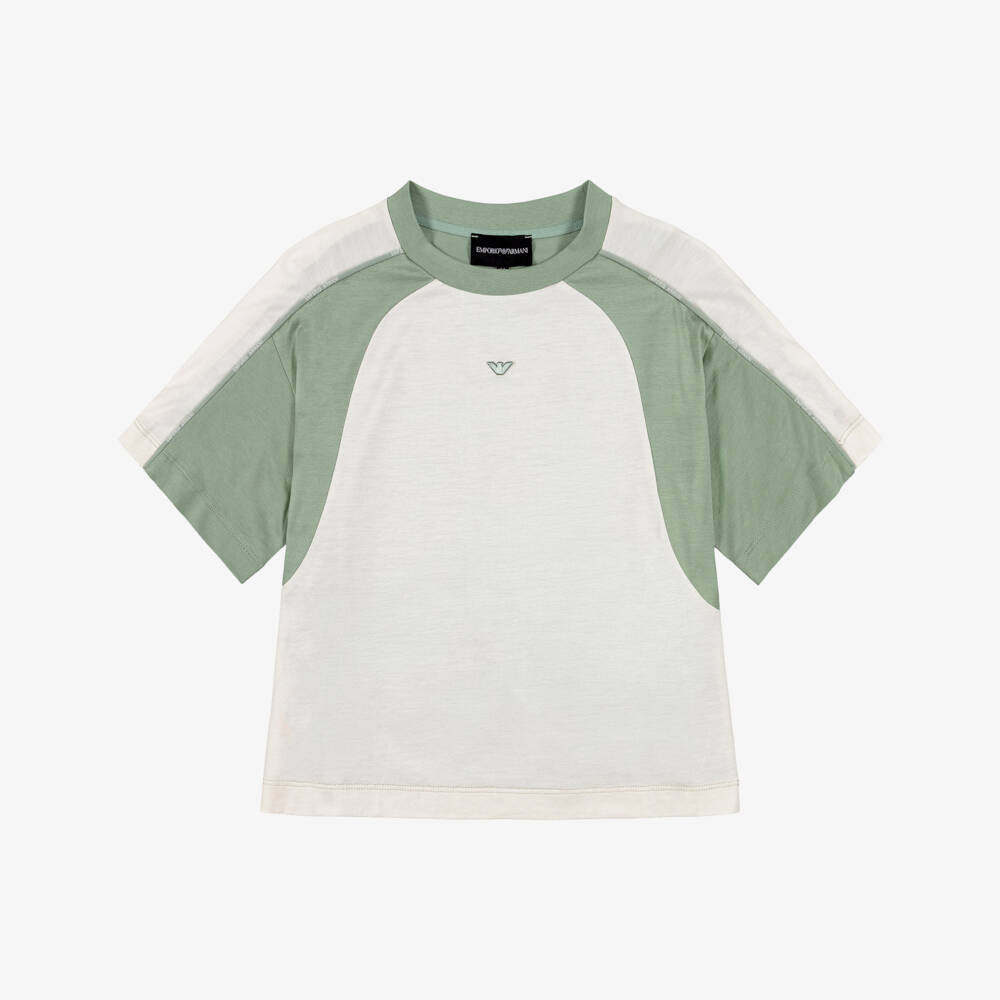 Emporio Armani-Boys Colourblock Green & Ivory T-Shirt | Childrensalon