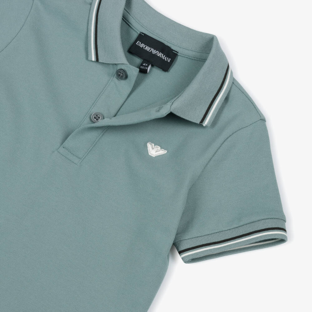 Emporio Armani-Рубашка поло зеленая из хлопкового пике с белым логотипом Eagle для мальчиков | Childrensalon