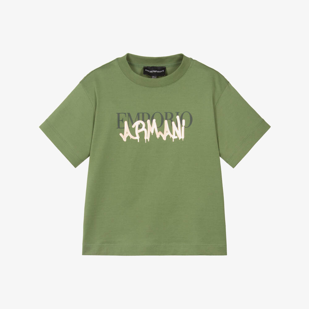 Emporio Armani-Boys Green Cotton T-Shirt with Gold Spray Paint Logo | Childrensalon