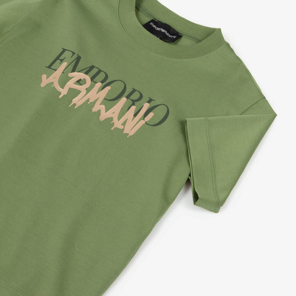 Emporio Armani-Boys Green Cotton T-Shirt with Gold Spray Paint Logo | Childrensalon