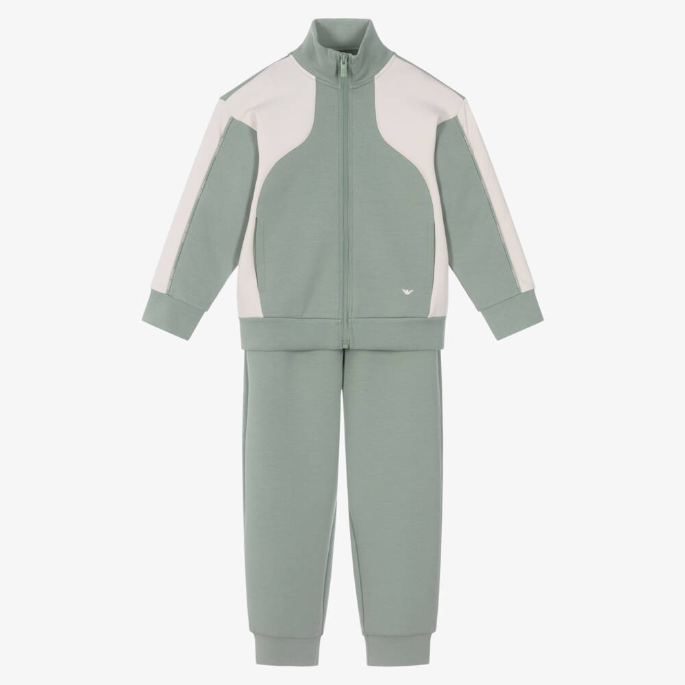 Emporio Armani-Boys Green & Ivory Colourblock Tracksuit | Childrensalon