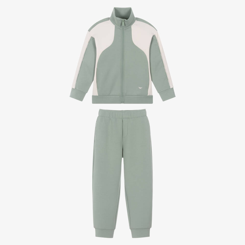 Emporio Armani-Boys Green & Ivory Colourblock Tracksuit | Childrensalon