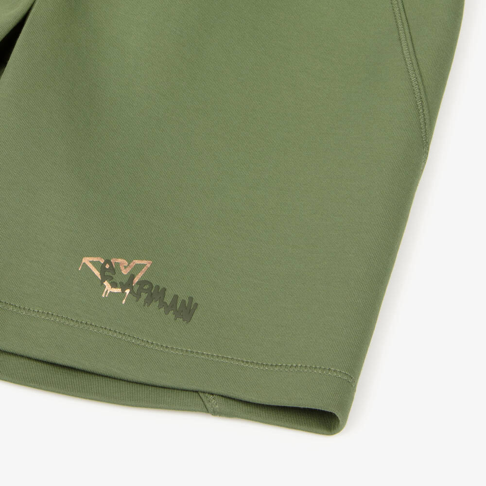 Emporio Armani-Boys Green Jersey Shorts with Spray-Paint Logo | Childrensalon