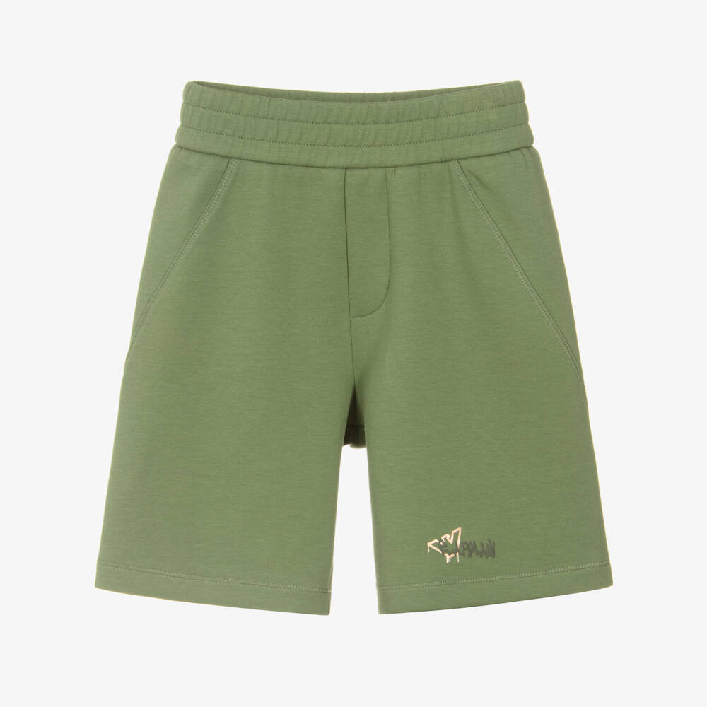 Emporio Armani-Boys Green Jersey Shorts with Spray-Paint Logo | Childrensalon