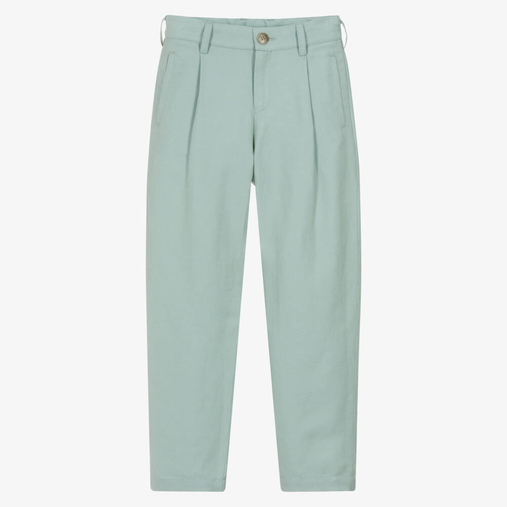 Emporio Armani-Boys Green Twill Pleated Trousers | Childrensalon