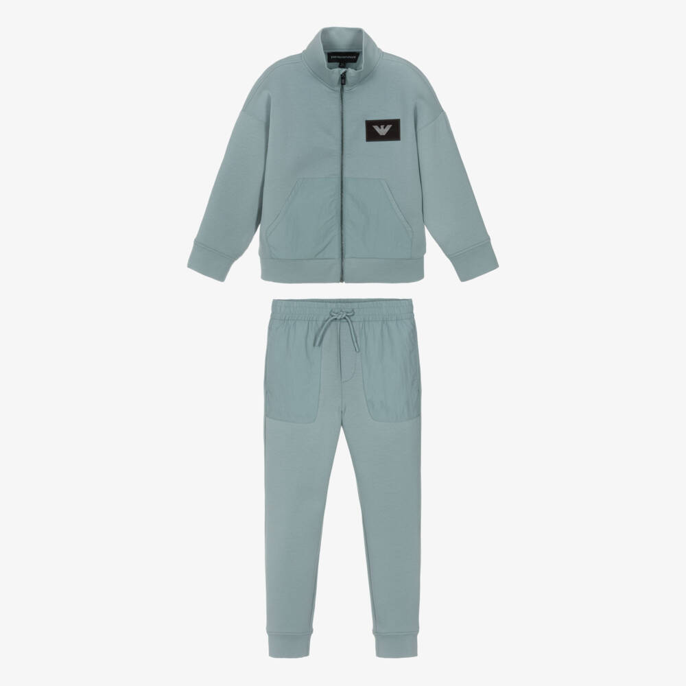 Emporio Armani-Boys Grey-Blue Cotton Tracksuit with Lenticular Logo Patch | Childrensalon