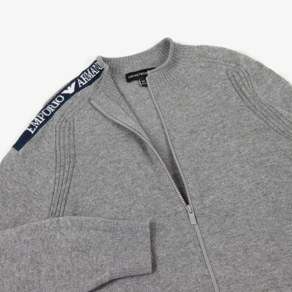 Emporio Armani-Boys Grey Fine Knit Zip-Up Top with Logo | Childrensalon