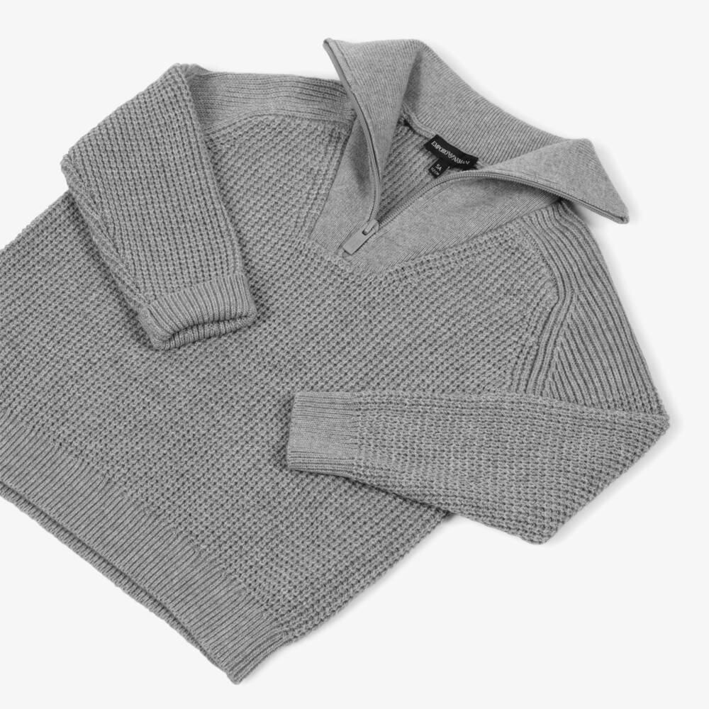 Emporio Armani-Boys Grey Half-Zip Knitted Cotton & Wool Sweater | Childrensalon