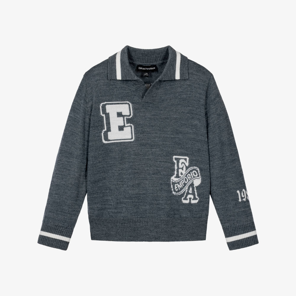 Emporio Armani-Boys Grey Knitted Polo Sweater | Childrensalon