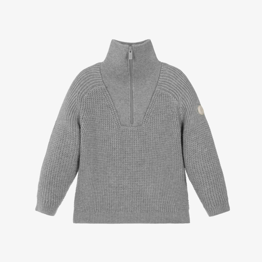 Emporio Armani-Boys Grey Quarter-Zip Knitted Cotton & Wool Sweater | Childrensalon