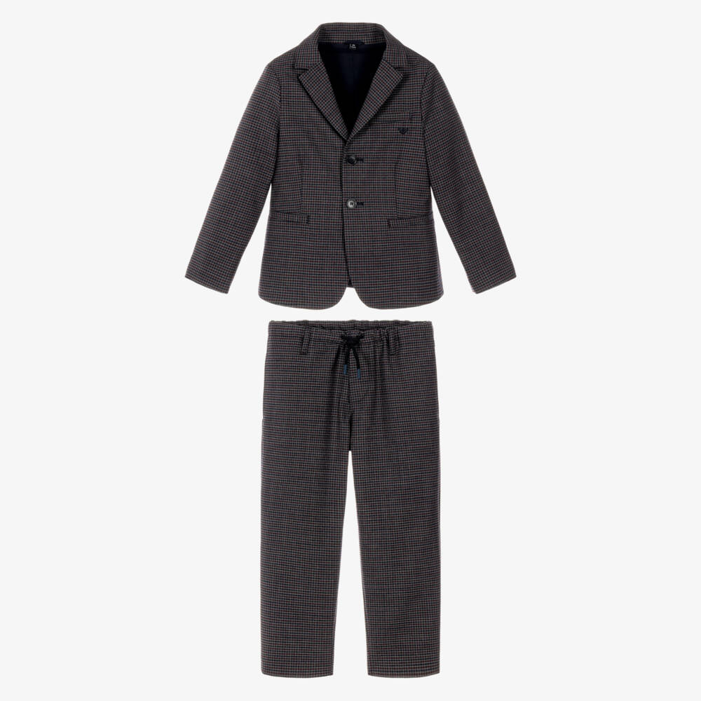 Emporio Armani-Boys Grey & Red Checked Suit | Childrensalon