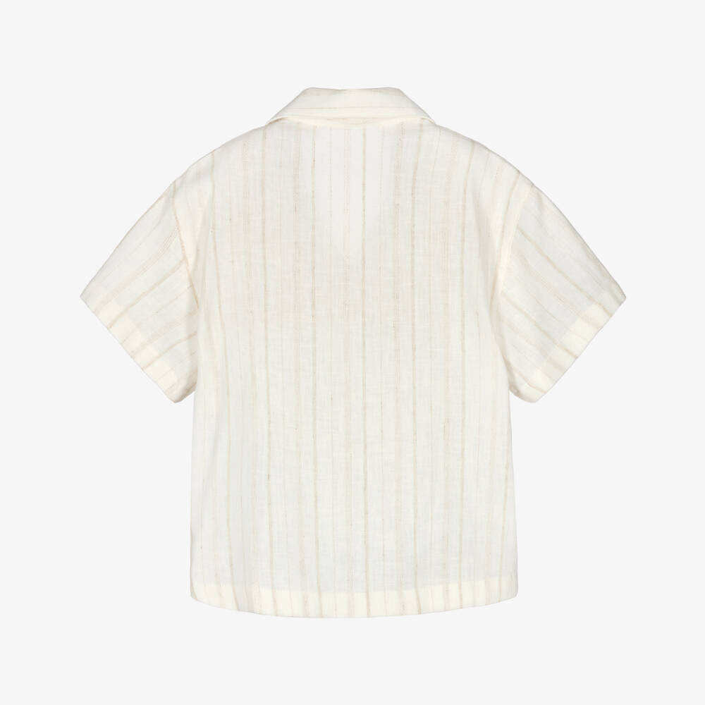 Emporio Armani-Рубашка в кремовую и бежевую полоску из хлопка для мальчиков | Childrensalon