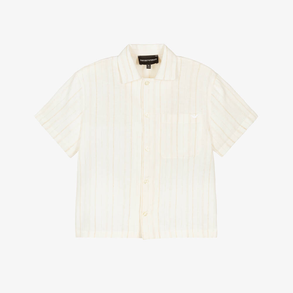 Emporio Armani-Boys Ivory & Beige Stripe Cotton Shirt | Childrensalon
