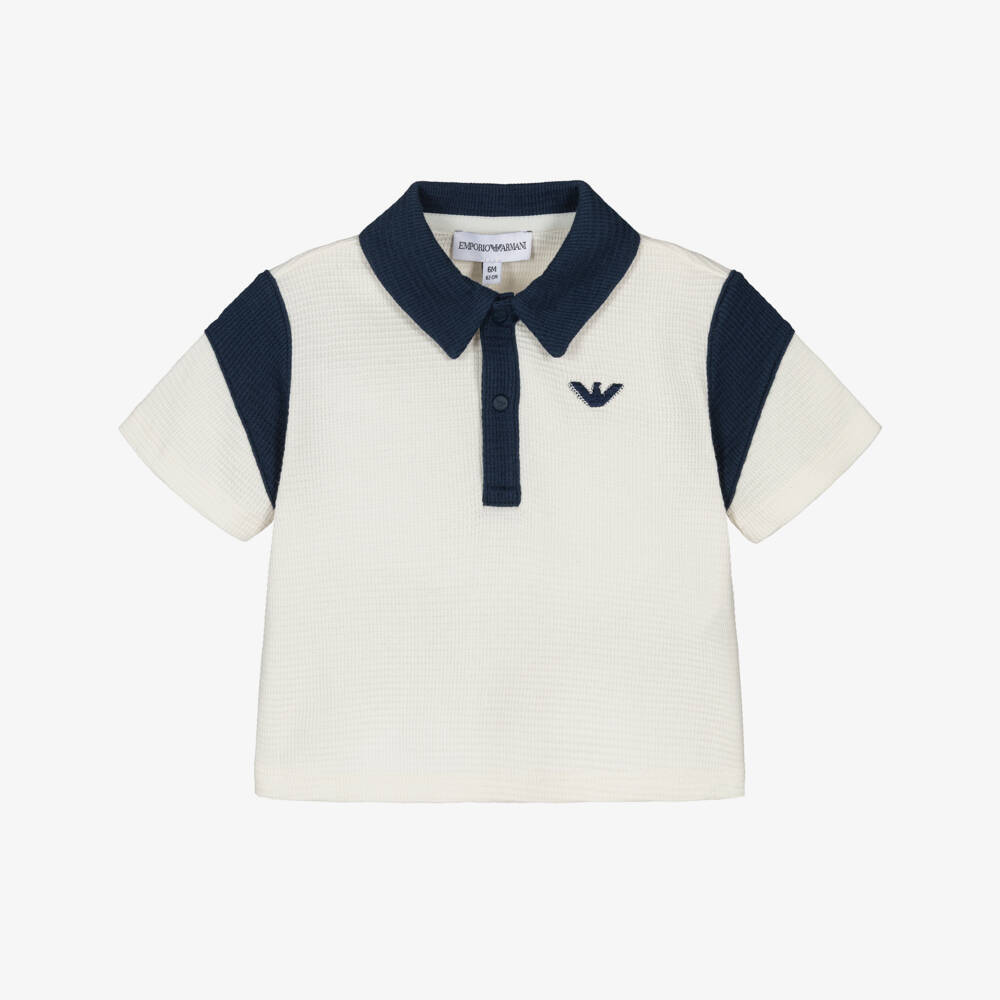 Emporio Armani-Boys Ivory & Blue Cotton Jersey Polo Shirt with Eagle Logo | Childrensalon