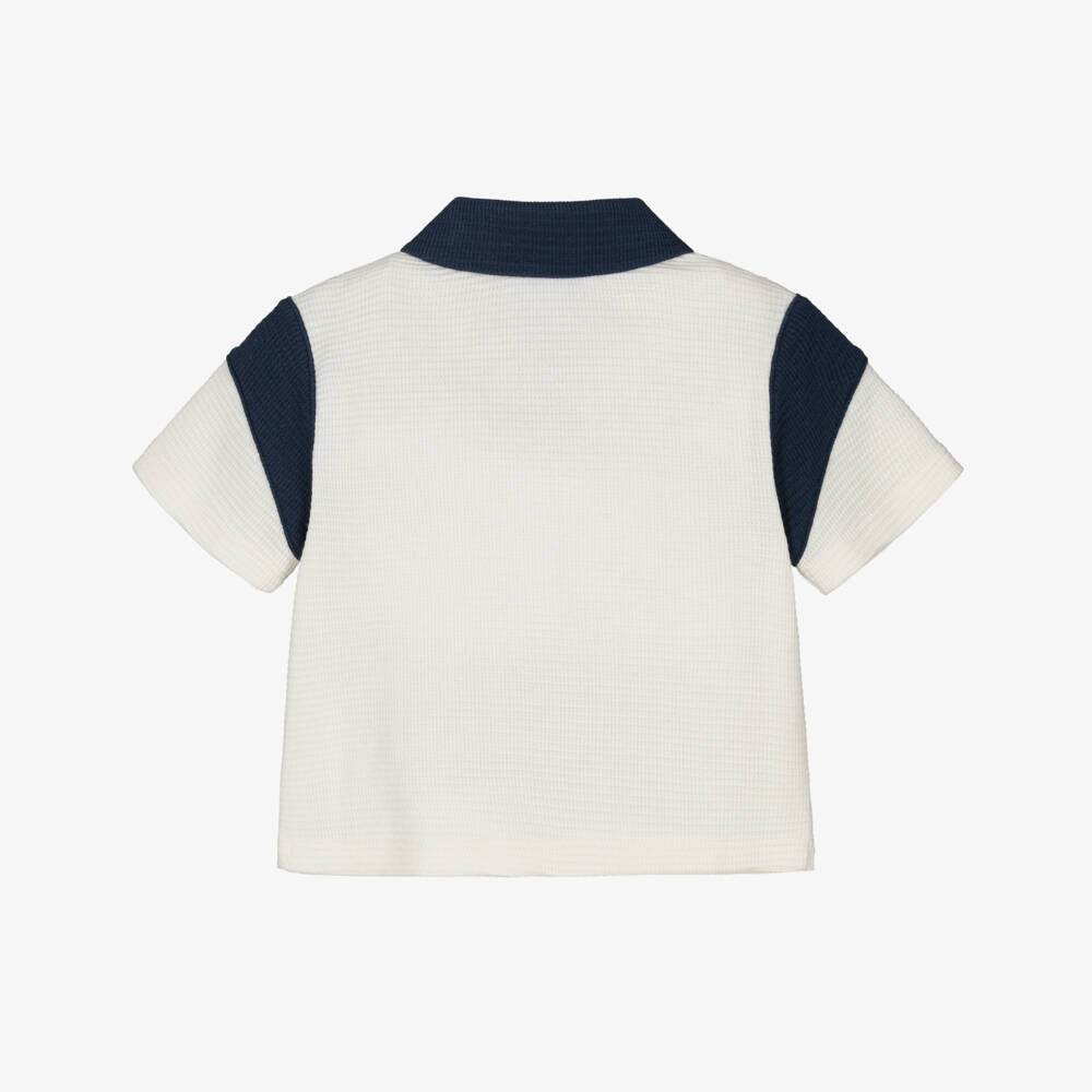 Emporio Armani-Boys Ivory & Blue Cotton Jersey Polo Shirt with Eagle Logo | Childrensalon