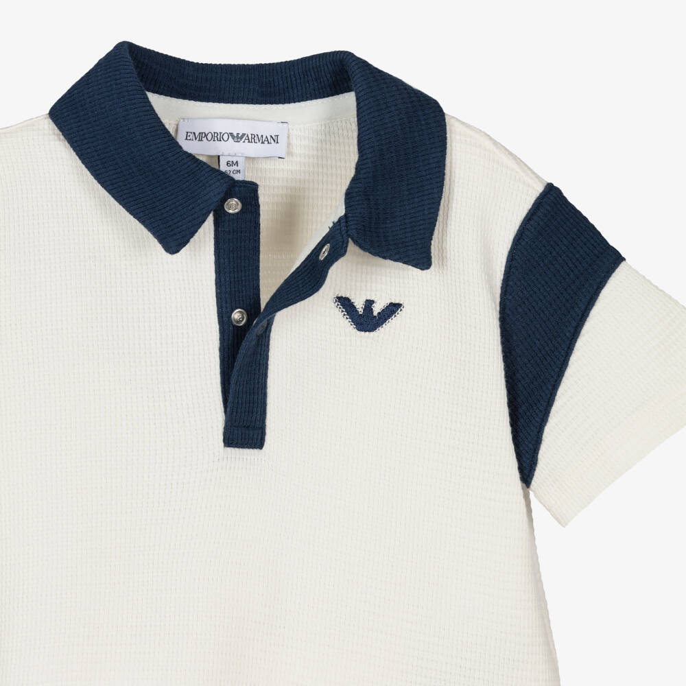 Emporio Armani-Boys Ivory & Blue Cotton Jersey Polo Shirt with Eagle Logo | Childrensalon